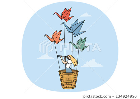 Woman travel flying in basket of origami swans and exploring world with spyglass 134924956