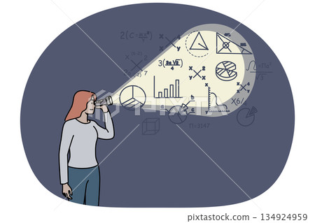 Woman looks at mathematical formulas on wall using flashlight preparing to enter college 134924959