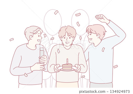 Joyful gathering with cake and balloons, Group of friends enjoying festive celebration together 134924973