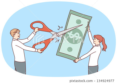 Business people are engaged in reducing costs and budget financing by cutting money with scissors Business people are engaged in reducing costs and budget financing by cutting money with scissors 134924977