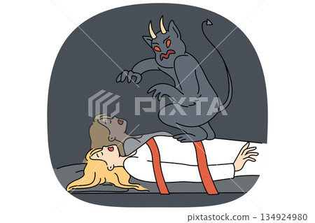 Evil monster steals soul of sleeping, bound woman who needs protection from fairytale devil Evil monster steals soul of sleeping, bound woman who needs protection from fairytale devil 134924980