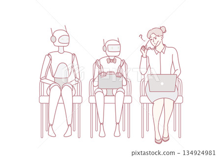 Confused woman in line with robots in office Confused woman in line with robots in office 134924981