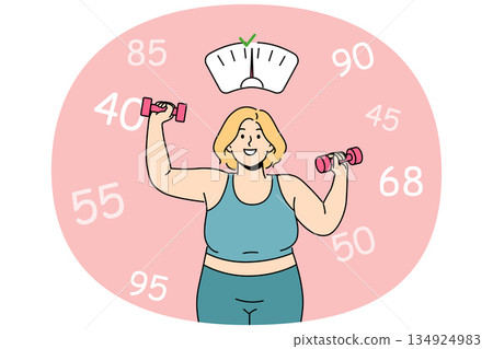 Fat woman wants to lose weight and become slimmer by doing fitness in gym and lifting dumbbells 134924983