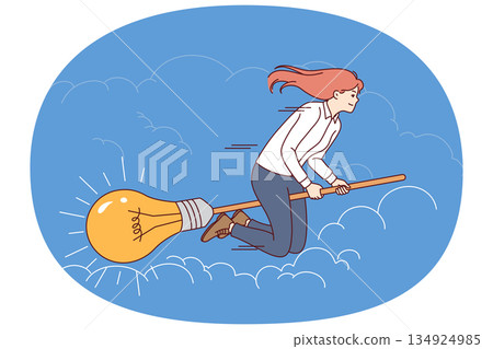 Ambitious businesswoman flies on broomstick with light bulb, symbolizing desire to fulfill idea 134924985
