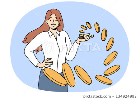Rich woman stands among flying coins falling into hand on own, for concept of easy money 134924992