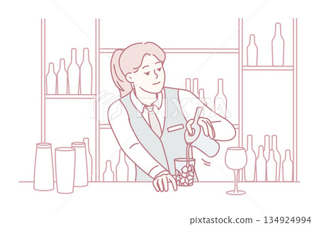 Skilled woman mixes cocktail, Bar professional expertly pours cocktail behind luminous shelving Skilled woman mixes cocktail, Bar professional expertly pours cocktail behind luminous shelving 134924994