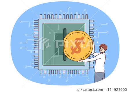 Man invests in development of microchips and semiconductors, by inserting coin into microprocessor 134925000