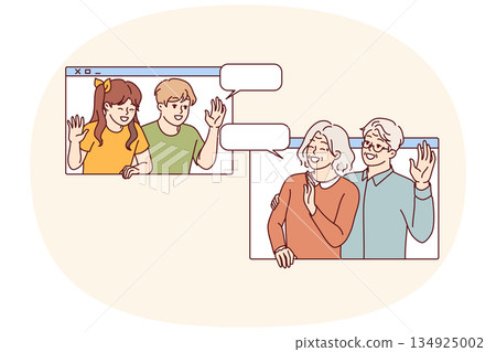Online communication with grandchildren for grandparents waving using digital video call 134925002