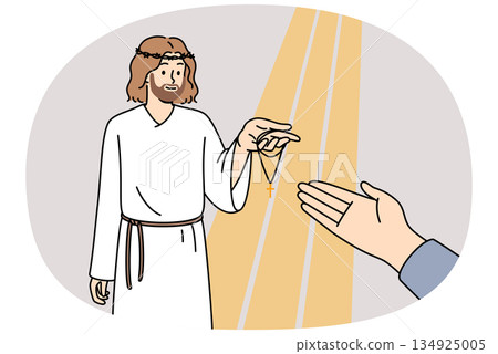 Jesus holds out cross to believer to protect from misfortune and help not to commit sins Jesus holds out cross to believer to protect from misfortune and help not to commit sins 134925005