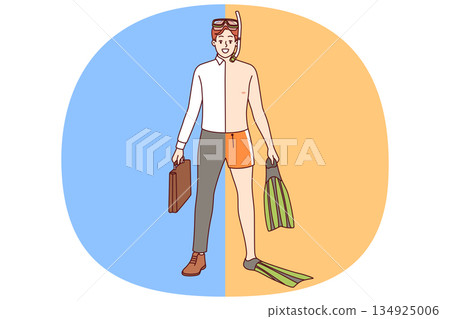 Man dressed in vacation clothes and business suit at same time, dreaming of quick summer sea voyage 134925006