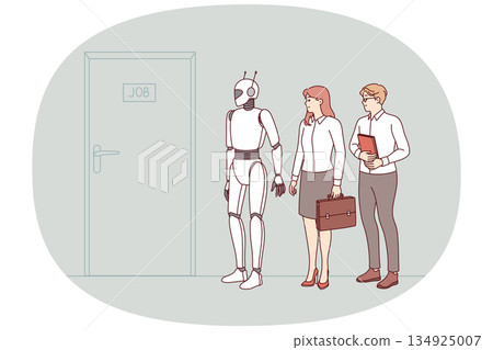 Humanoid robot with AI competes for vacancy and opportunity to get job, standing in line with people 134925007