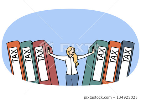 Woman accountant pushes giant tax folders, performing financial audit to complete tax return Woman accountant pushes giant tax folders, performing financial audit to complete tax return 134925023