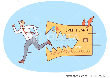 Credit card bites fleeing business man, symbolizing danger of using loan money to cover needs 134925026