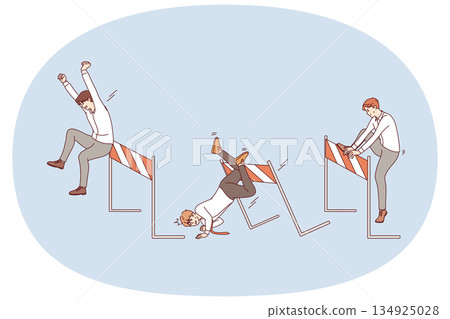 Tough competition in business for men running and hesitating, jumping over obstacles on path 134925028