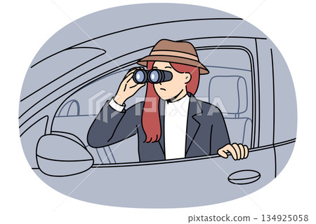 Woman detective secretly spies on boyfriend, looking out of car with binoculars in hands Woman detective secretly spies on boyfriend, looking out of car with binoculars in hands 134925058