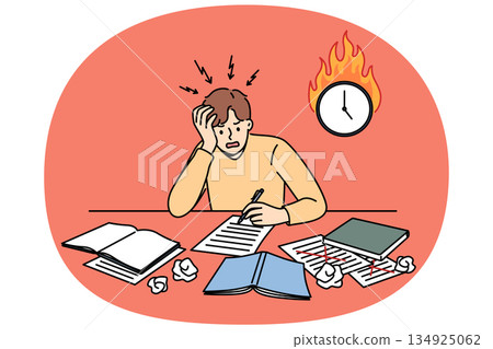 Excited man student is writing thesis and panicking because of deadline, sitting near burning clock Excited man student is writing thesis and panicking because of deadline, sitting near burning clock 134925062