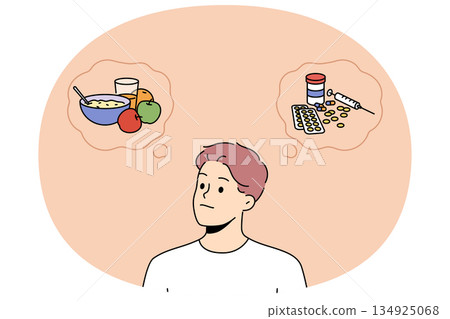 Man chooses between healthy food and pharmacological drugs, relieve appetite and hunger Man chooses between healthy food and pharmacological drugs, relieve appetite and hunger 134925068