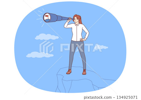 Visionary business woman with strategic thinking stands on top of cliff using spyglass Visionary business woman with strategic thinking stands on top of cliff using spyglass 134925071