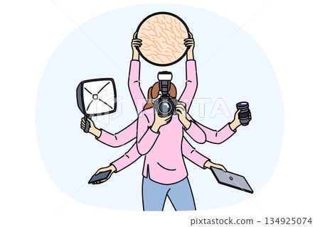 Multi-armed woman photographer does several things at same time due to lack of assistant Multi-armed woman photographer does several things at same time due to lack of assistant 134925074