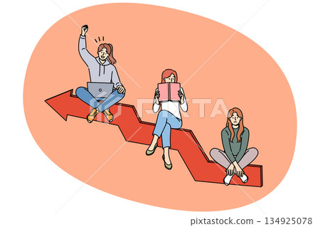 Personal development of woman getting good internet job by reading books, sitting on growing graph 134925078