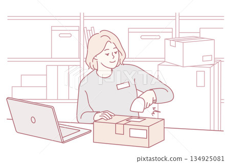 Small business owner systematically packing customer orders using essential shipping materials and equipment 134925081