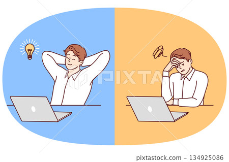 Pensive man office employee relaxing after coming up with good idea for startup, sitting near laptop 134925086