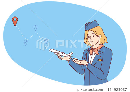 Woman stewardess invites you to go on air trip, becoming client of airline, holding small plane Woman stewardess invites you to go on air trip, becoming client of airline, holding small plane 134925087