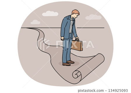 Business man standing at end of path, as metaphor for limitations in career growth Business man standing at end of path, as metaphor for limitations in career growth 134925093