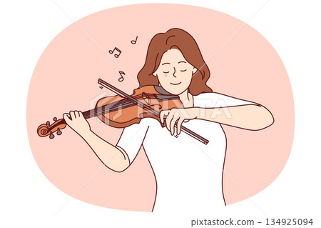 Woman plays violin, enjoying performance of melody and moving bow along strings musical instrument Woman plays violin, enjoying performance of melody and moving bow along strings musical instrument 134925094