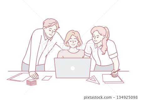 Happy colleagues brainstorm on computer 134925098