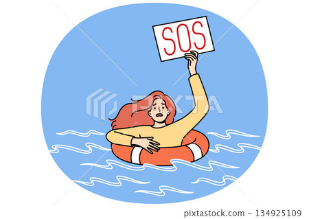 Drowning woman with sos sign uses lifebuoy, floating in water after falling overboard ship Drowning woman with sos sign uses lifebuoy, floating in water after falling overboard ship 134925109