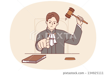 Stern judge man pronounces verdict and points finger at screen after hitting gavel Stern judge man pronounces verdict and points finger at screen after hitting gavel 134925111