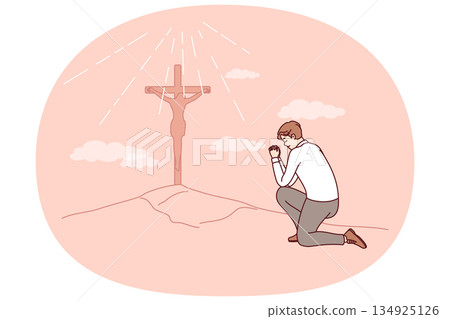 Businessman praying seeing christian cross on hill, worshiping lord and asking jesus for protection Businessman praying seeing christian cross on hill, worshiping lord and asking jesus for protection 134925126