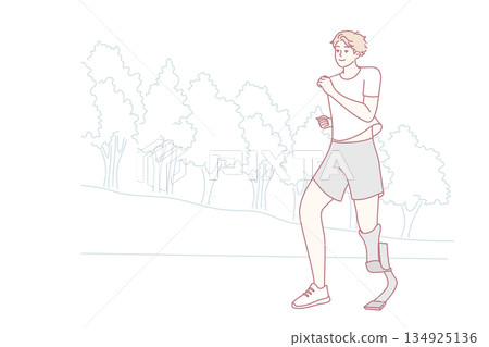 Smiling man with prosthesis run in park Smiling man with prosthesis run in park 134925136