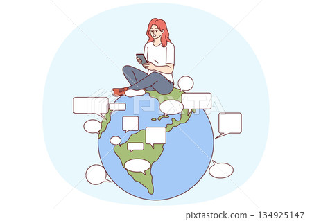 Woman uses online translator in mobile phone to communicate in different languages, sitting on globe Woman uses online translator in mobile phone to communicate in different languages, sitting on globe 134925147
