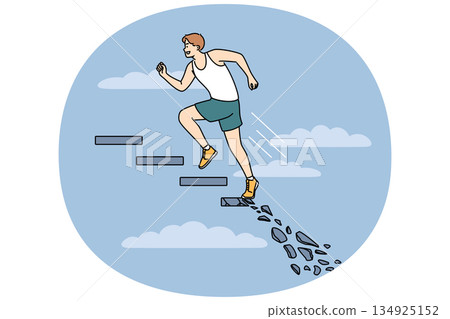 Ambitious man runs up crumbling staircase, striving to achieve goal and demonstrating lack of fear Ambitious man runs up crumbling staircase, striving to achieve goal and demonstrating lack of fear 134925152
