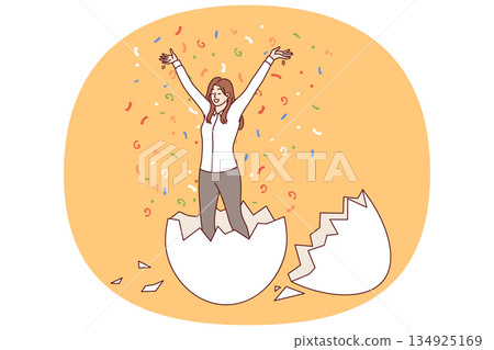 Business woman hatched from egg raises hands up, for concept of birth of new professional Business woman hatched from egg raises hands up, for concept of birth of new professional 134925169