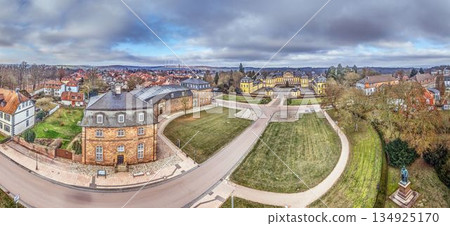 Aerial panorama of Bad Arolsen with baroque palace in Hesse Germany 134925170