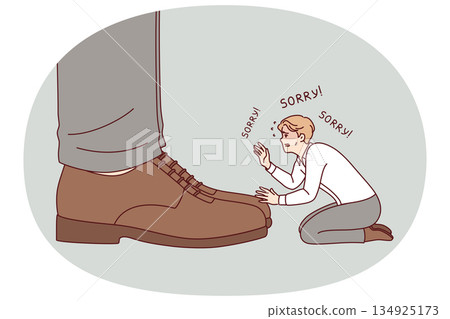 Unhappy business man asks sorry to boss, kneeling near feet of big director of corporation 134925173