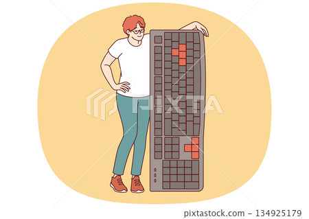 Woman is holding large computer keyboard, encouraging you to become freelancer and work remotely Woman is holding large computer keyboard, encouraging you to become freelancer and work remotely 134925179