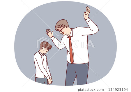 Angry boss yells at little subordinate, reprimanding him for making mistake or violating plan Angry boss yells at little subordinate, reprimanding him for making mistake or violating plan 134925194