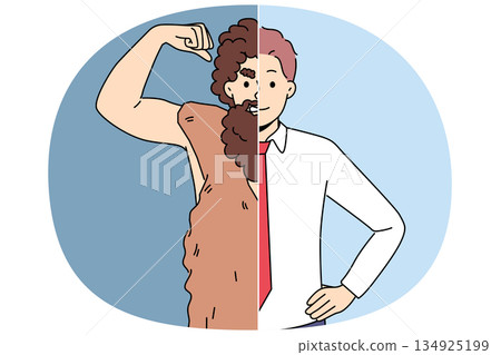 Man demonstrates progress of humanity and transformation into businessman from neanderthal 134925199