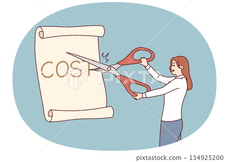 Businesswoman reduces cost to get more income and invest, cuts paper with scissors Businesswoman reduces cost to get more income and invest, cuts paper with scissors 134925200