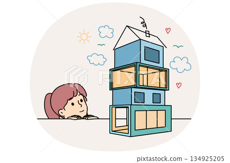 Little girl dreams of own house, seeing model of house in modern architectural style Little girl dreams of own house, seeing model of house in modern architectural style 134925205