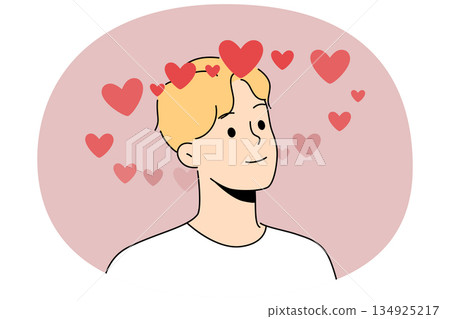 Man in love feels sympathy for girlfriend and smiles, fantasizing about future date or wedding Man in love feels sympathy for girlfriend and smiles, fantasizing about future date or wedding 134925217