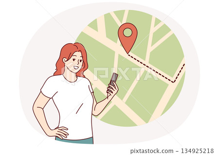 Woman uses electronic map in mobile phone to plot route or track courier delivery Woman uses electronic map in mobile phone to plot route or track courier delivery 134925218