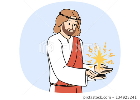 Jesus demonstrates miracle after second coming, dressed in crown of thorns and ancient vestments Jesus demonstrates miracle after second coming, dressed in crown of thorns and ancient vestments 134925241