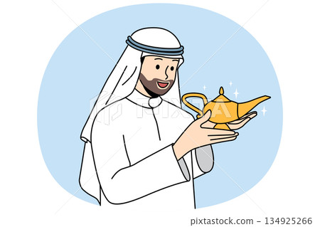 Arab man with aladdin lamp in hands makes wish, wanting to call genie or wizard to help Arab man with aladdin lamp in hands makes wish, wanting to call genie or wizard to help 134925266