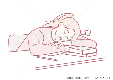 Tired woman among books and notes, Burnedout woman relaxes on desk with textbooks and writing supplies Tired woman among books and notes, Burnedout woman relaxes on desk with textbooks and writing supplies 134925275