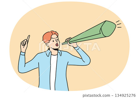 Man protests against unfair distribution money and class inequality, holding paper megaphone Man protests against unfair distribution money and class inequality, holding paper megaphone 134925276